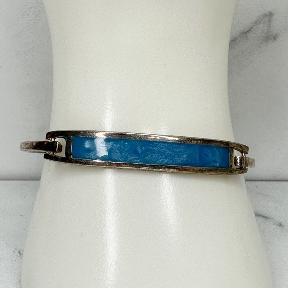 Alpaca Mexico Vintage Blue Inlay Silver Tone Hinged Bangle Bracelet ✨
